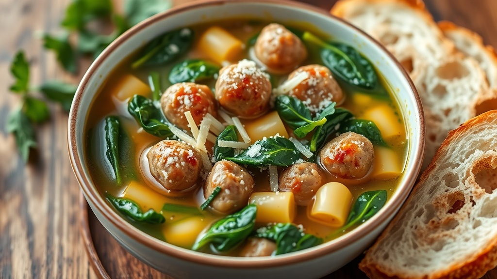 Classic Italian Wedding Soup Recipe A bowl of Italian Wedding Soup with meatballs, spinach, and pasta, garnished with Parmesan cheese on a rustic table.